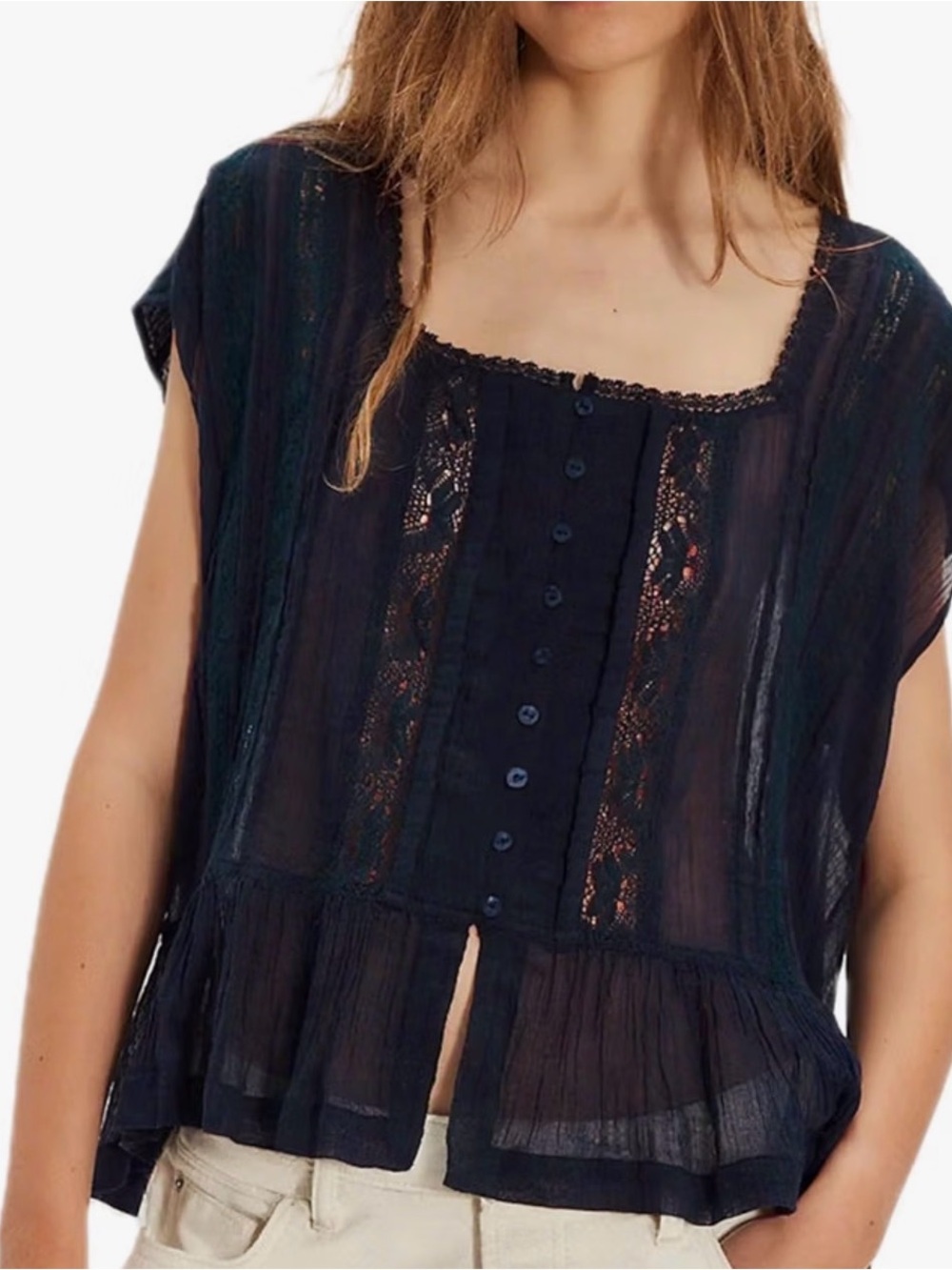 Navy Lace-Trim Buttoned Peasant Blouse